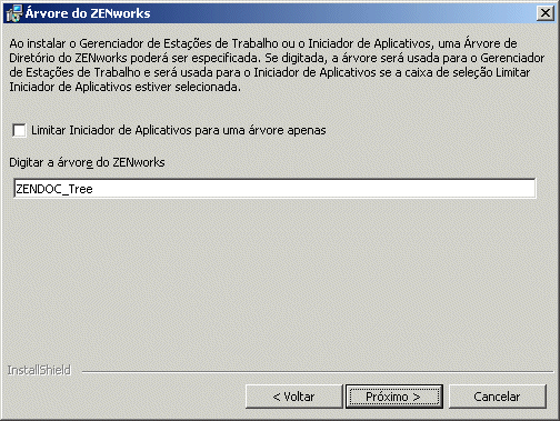 A página Árvore de Diretório do ZENworks do Assistente de Instalação do Agente do ZENworks Desktop Management.