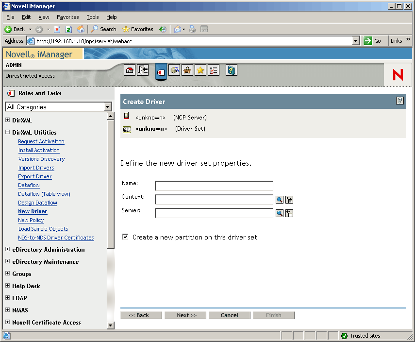 O Assistente de Criação de Driver é aberto na página principal do Novell iManager. 