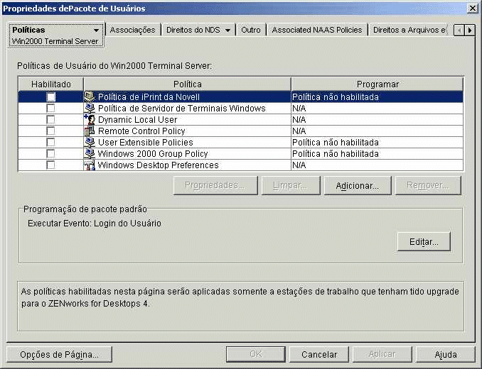 Página de Políticas do Win2000 Terminal Server sobre o objeto Pacote de Usuários