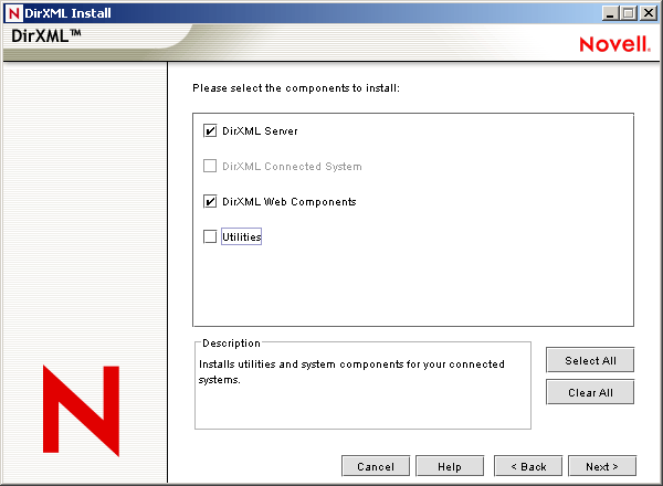 A página de seleção de componentes do Assistente de Instalação do Novell Nsure Identity Manager mostrando as opções Mecanismo e Drivers do DirXML, Utilitários de Gerenciamento do DirXML e Agente de Sincronização de Senhas selecionadas.