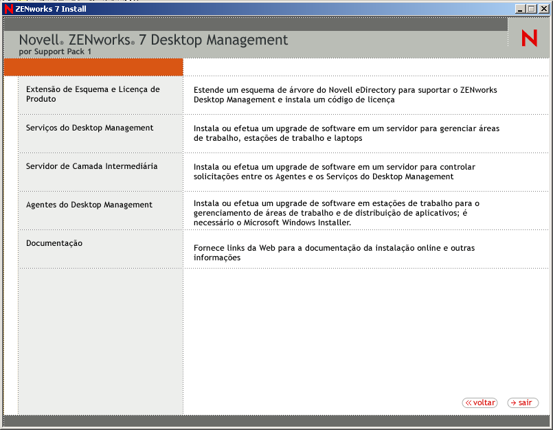 A página do ZENworks Desktop Management do Assistente de Instalação do ZENworks. A página inclui opções para Extensões de Esquema e Licença de Produtos, Serviços do Desktop Management, Servidor de Camada Intermediária, Agentes do Desktop Management e Documentação.