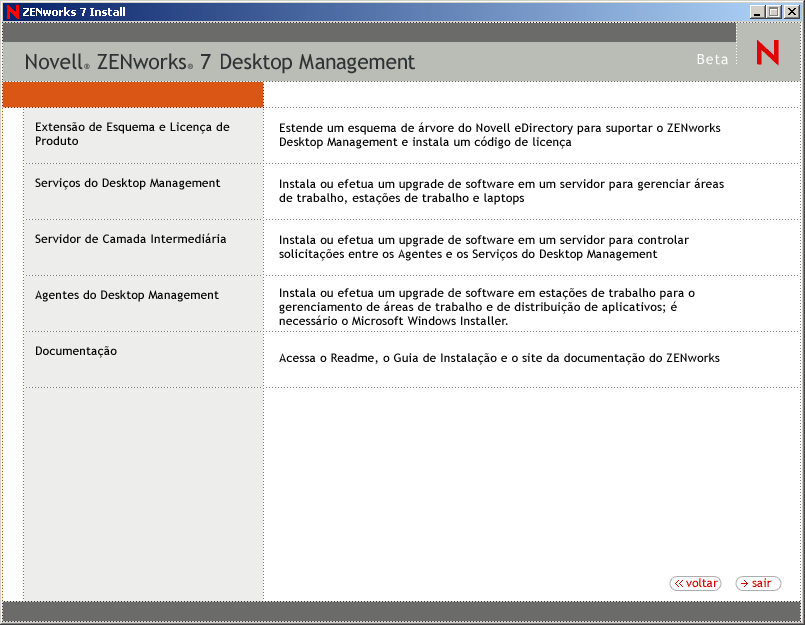 A página do ZENworks Desktop Management do Assistente de Instalação do ZENworks. A página inclui opções para Extensões de Esquema e Licença de Produtos, Serviços do Desktop Management, Servidor de Camada Intermediária, Agentes do Desktop Management e Documentação.