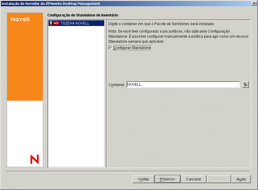 A página Configuração de Standalone de Inventário do Assistente de Instalação do Servidor do ZENworks Desktop Management.