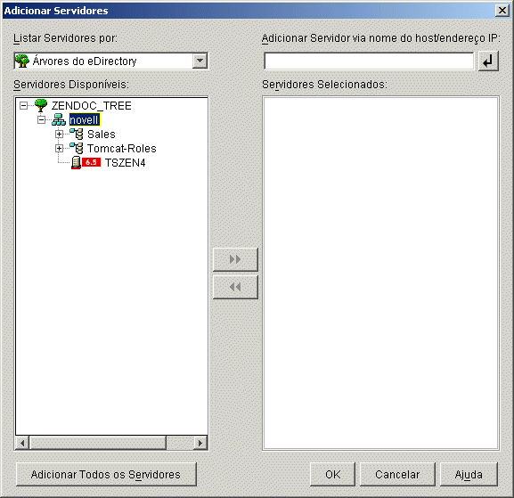 A caixa de diálogo Adicionar Servidores mostrando uma árvore eDirectory e os respectivos containers.