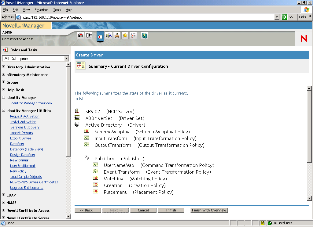 O Assistente de Criação de Driver é aberto na página principal do Novell iManager. A página Resumo - Configuração Atual do Driver é aberta.