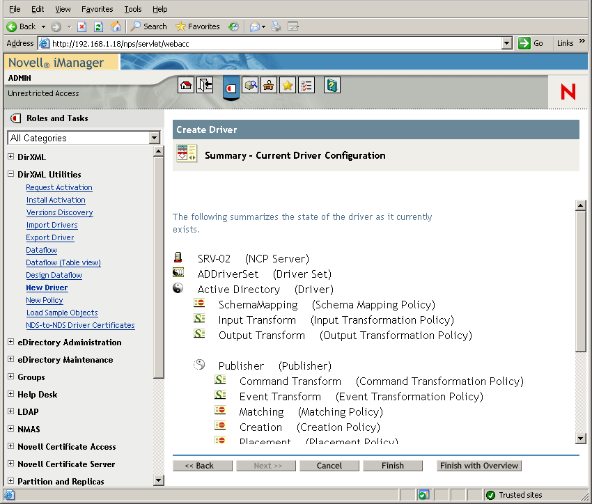 O Assistente de Criação de Driver é aberto na página principal do Novell iManager. A página Resumo - Configuração Atual do Driver é aberta.