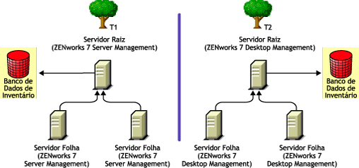 Duas árvores do eDirectory com árvores de Inventário do ZENworks 7 Server Management e do ZENworks 7 Desktop Management em cada uma delas.