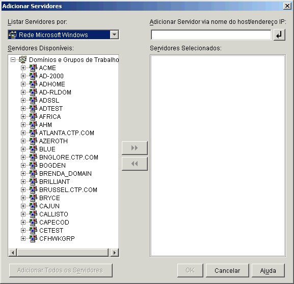 A caixa de diálogo Adicionar Servidores chamada a partir da página Seleção de Servidor do Assistente de Instalação do Servidor de Camada Intermediária do ZENworks. A caixa de diálogo exibe a opção Domínio Microsoft na lista suspensa Listar Servidores por.