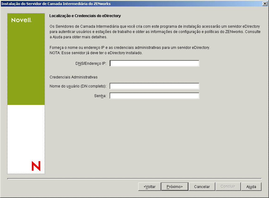 A página Credenciais e Localização Principais do eDirectory do Assistente de Instalação do Servidor de Camada Intermediária do ZENworks.