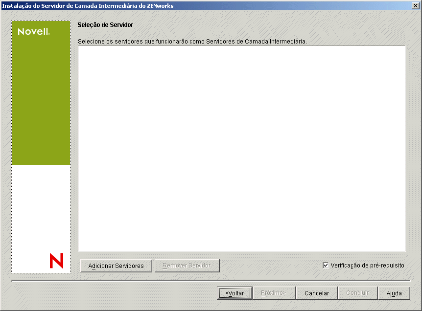 A página Seleção de Servidor do Assistente de Instalação do Servidor de Camada Intermediária do ZENworks.