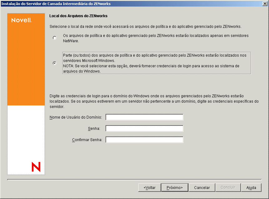 A página Local dos Arquivos do ZENworks do Assistente de Instalação do Servidor de Camada Intermediária do ZENworks.