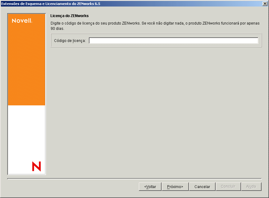A página Licença do ZENworks do assistente de Licenciamento do Produto e Extensão de Esquema do ZENworks.