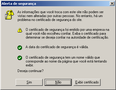 Caixa de diálogo Alerta de Segurança mostrando um status de aviso