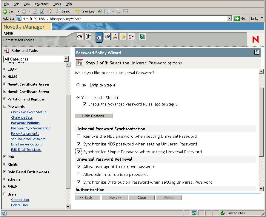 A página Etapa 2 do Assistente de Política de Senha que exibe as opções de sincronização de senha.