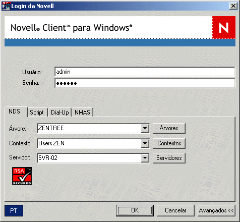 A caixa de diálogo de login do Novell Client com a configuração de login do NDS Avançada será aberta.