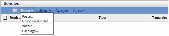 Opções do menu Novo da guia Bundles