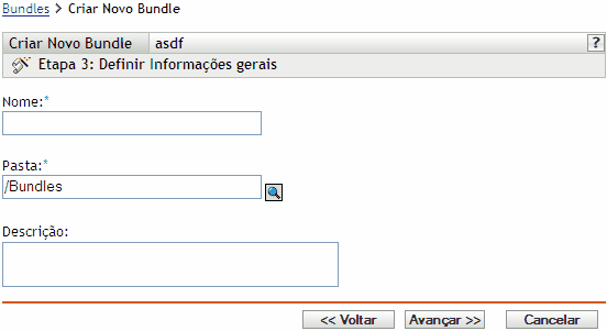 página Etapa 3 para criar um novo Bundle: Definir Informações Gerais (campos Nome, Pasta e Descrição)