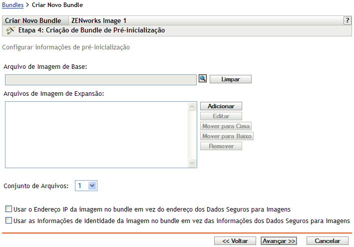 página Etapa 4 para criar um novo bundle: Criação de Bundle de Pré-inicialização (campos Arquivo de Imagem de Base, Arquivos de imagem de expansão e Conjunto de arquivos)