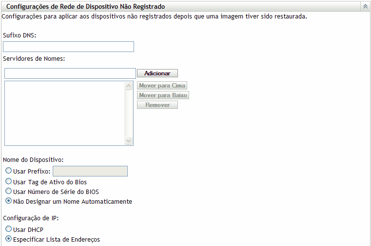 seção Configurações de Dispositivo Não Registrado