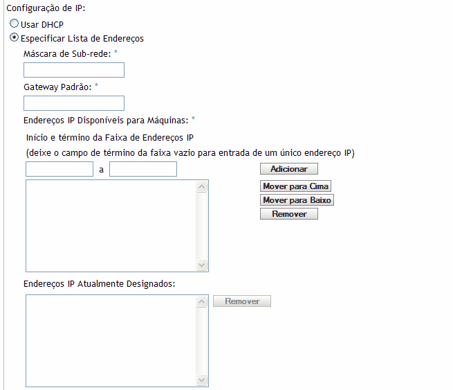 Seção Configuração IP da seção Configurações de Dispositivos Não registrados