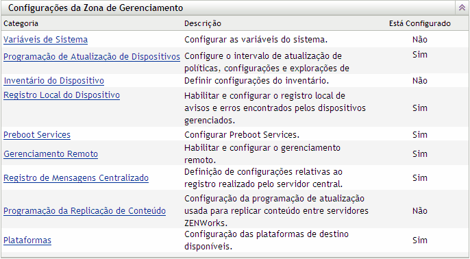 Menu Configurações da Zona de Gerenciamento