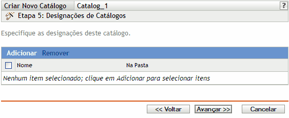 Página Designações de Catálogos