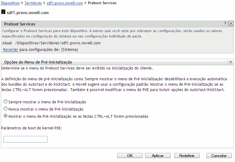 Página Configurações do Preboot Services para a pasta Servidores