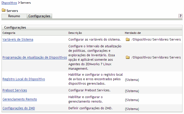 Guia Configurações para a pasta Servidores