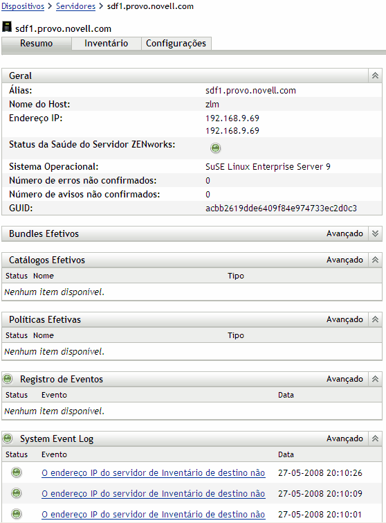 página Resumo do servidor