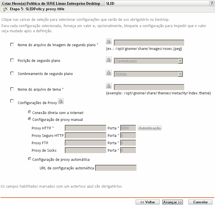 Página Configurações de Proxy do SUSE Linux Enterprise Desktop