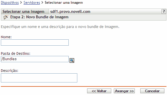 página Etapa 2 para criar um novo bundle: Novo Bundle de Imagem (campos Nome, Pasta de destino e Descrição)