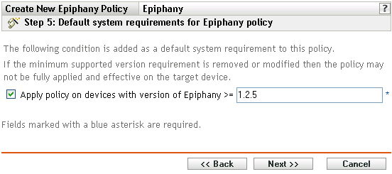 Página Requisitos de Sistema Padrão para Política do Epiphany