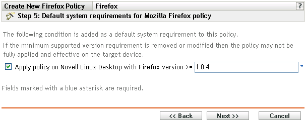 Página Requisitos de Sistema Padrão para Política do Mozilla Firefox