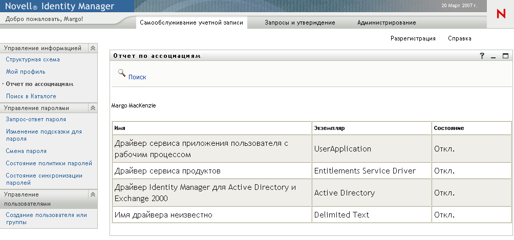 Страница "Отчет о связях"