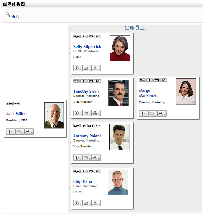 该用户的组织结构图显示其上的两个管理层