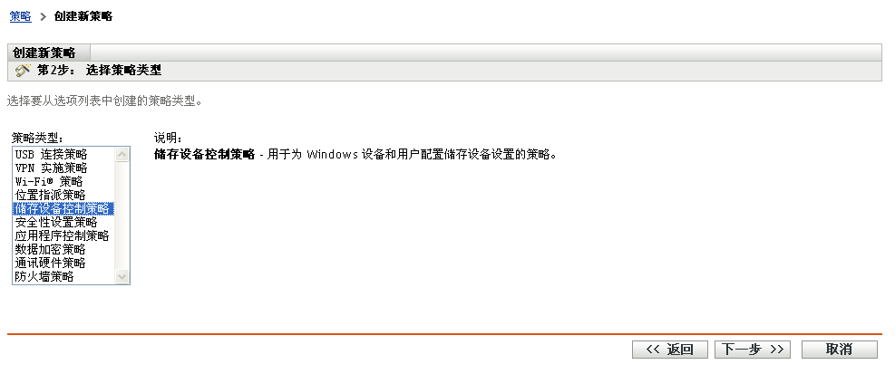 “创建新策略”向导的“选择策略类型”页