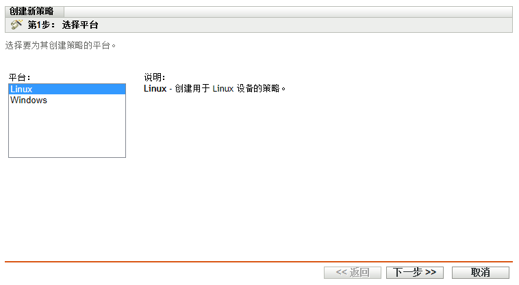 “创建新策略”向导的“选择平台”页