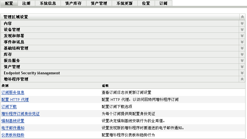 “配置”选项卡，“增补程序管理”部分