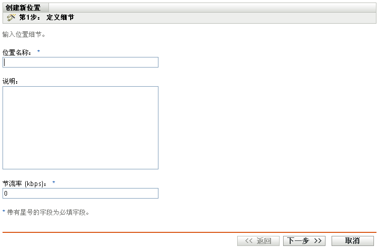 “创建新位置”向导的“定义细节”页