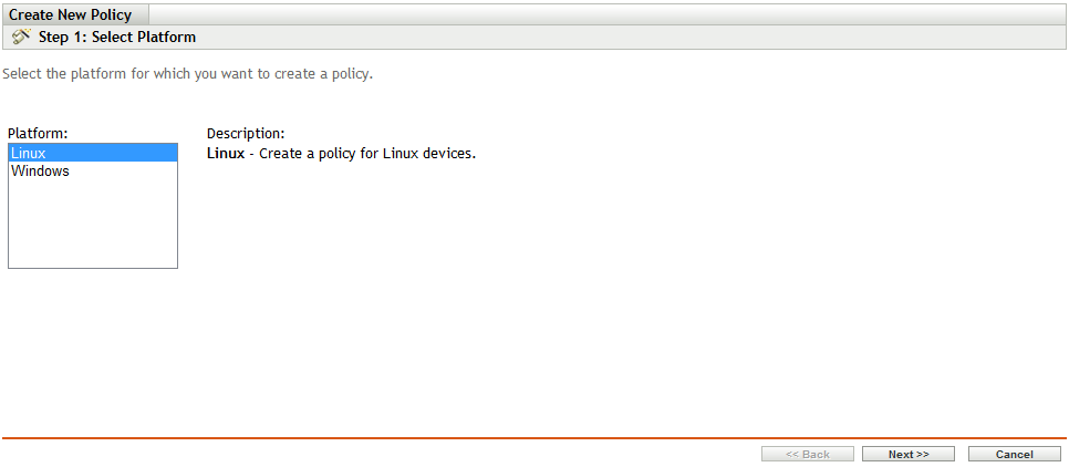 “创建新策略”向导的“选择平台”页