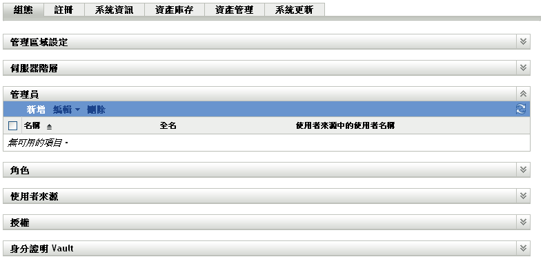 ZENworks 控制中心之管理員面板上的組態索引標籤