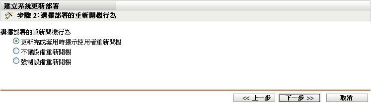 選擇部署的重新開機行為精靈頁
