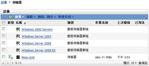 依據作業系統分類的伺服器群組清單