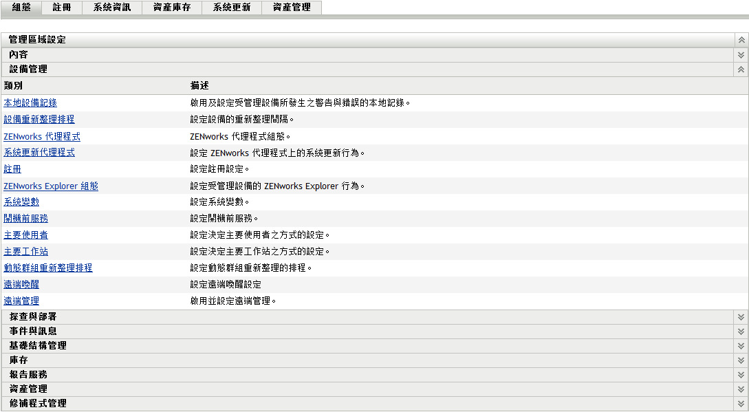 組態索引標籤 > 設備管理面板