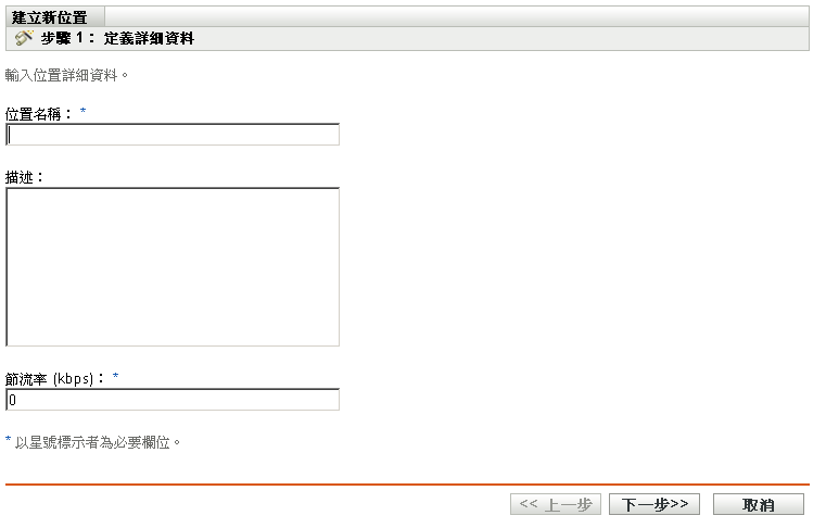 「建立新位置」精靈中的「定義詳細資料」頁面