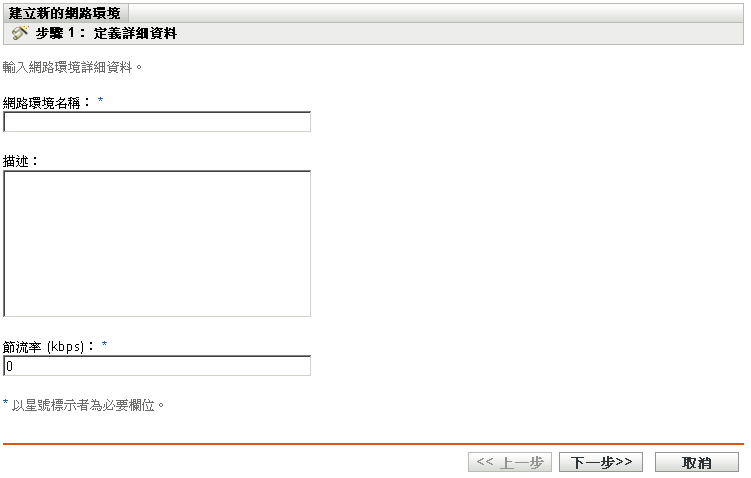 「建立新的網路環境」精靈中的「定義詳細資料」頁面
