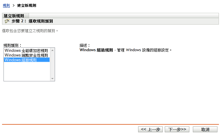 「建立新規則」精靈中的「選取規則類別」頁面
