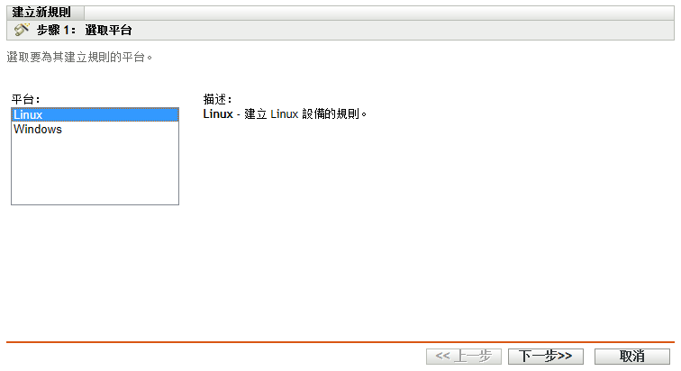 「建立新規則」精靈中的「選取平台類別」頁面