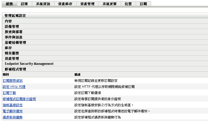 組態索引標籤，修補程式管理區段