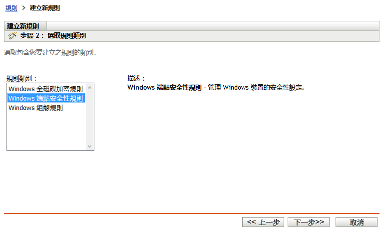 「建立新規則」精靈中的「選取規則類別」頁面